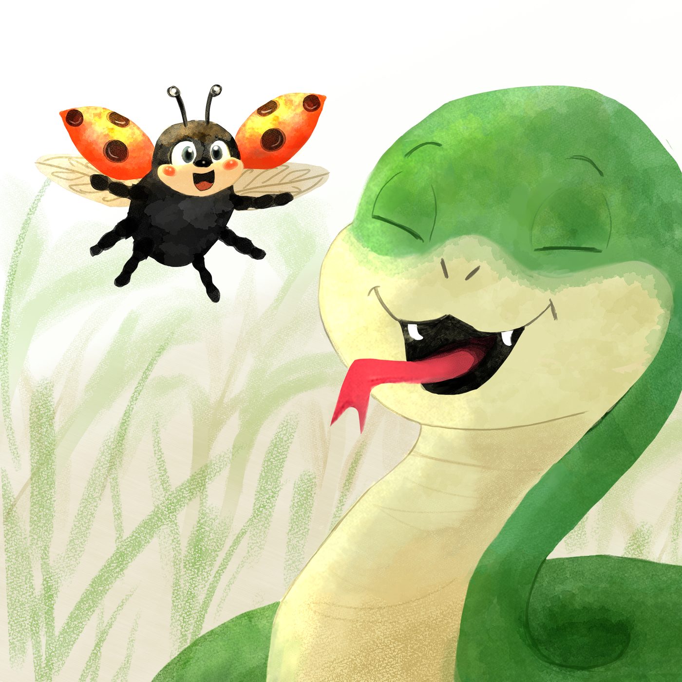 Détail d'illustration : une coccinelle face à un serpent, style aquarelle