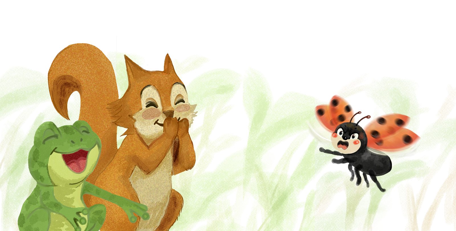 Double page : une grenouille, un écureuil et Capucine, scène de groupe animée