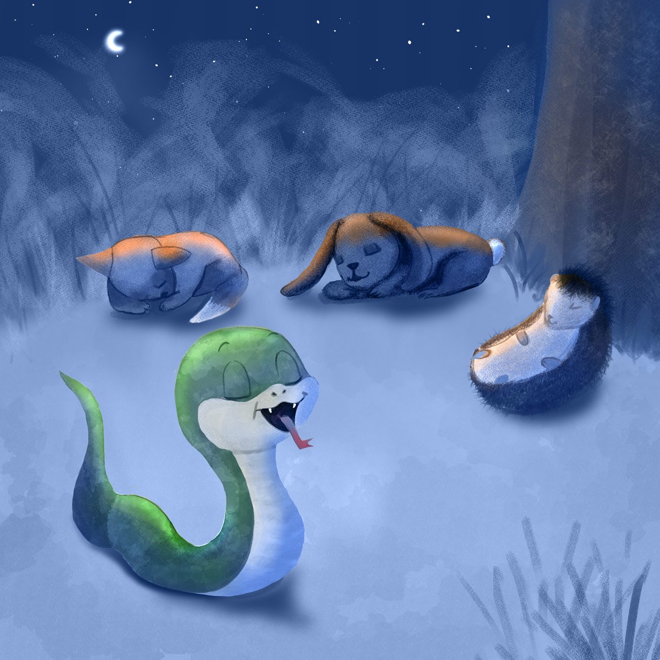 Le serpent et ses amis endormis dans la forêt, la nuit