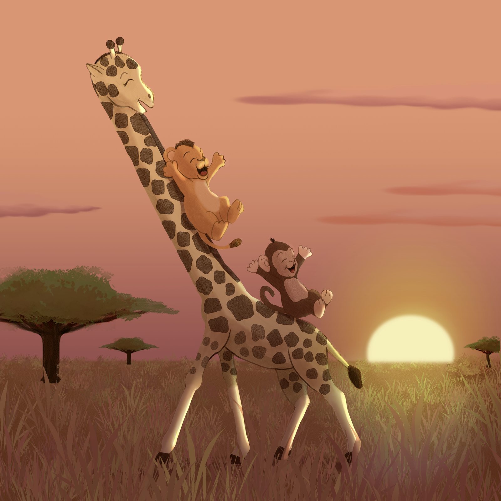 Couverture : Chloé la girafe sert de toboggan à un lionceau et un singe, au coucher du soleil