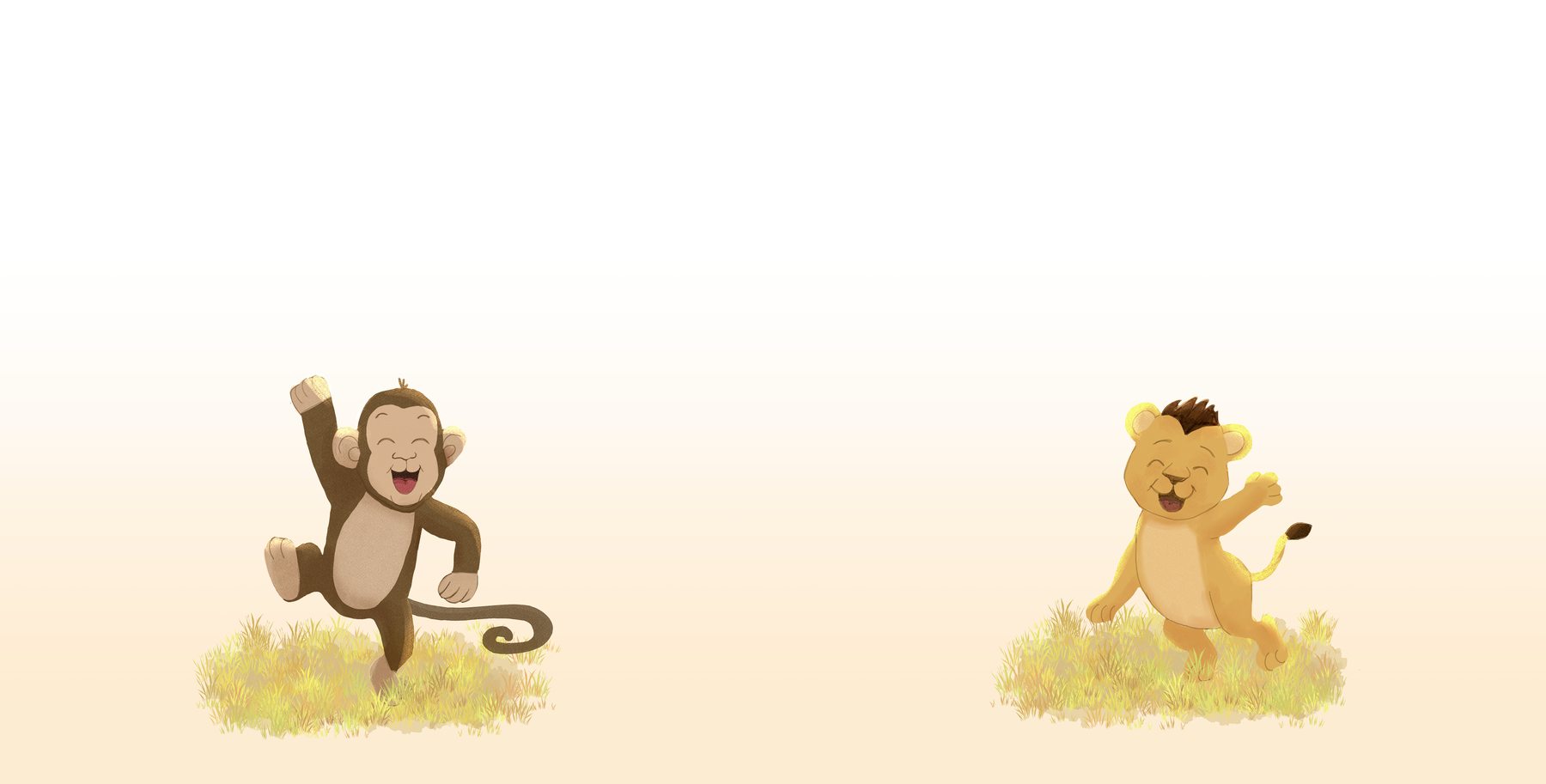 Double page : le lionceau et le singe jouent ensemble, joyeux
