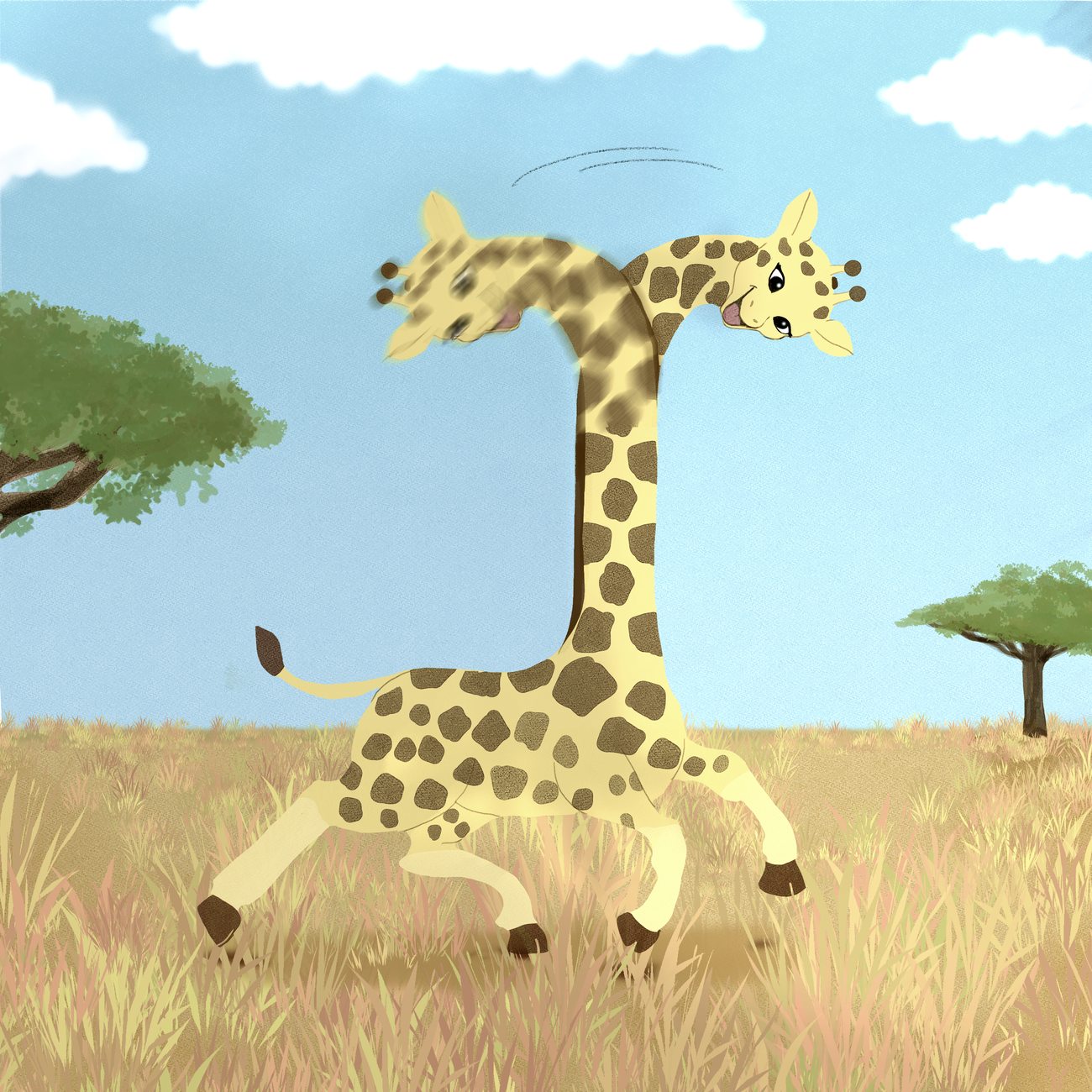 Chloé la girafe court, son long cou se balance