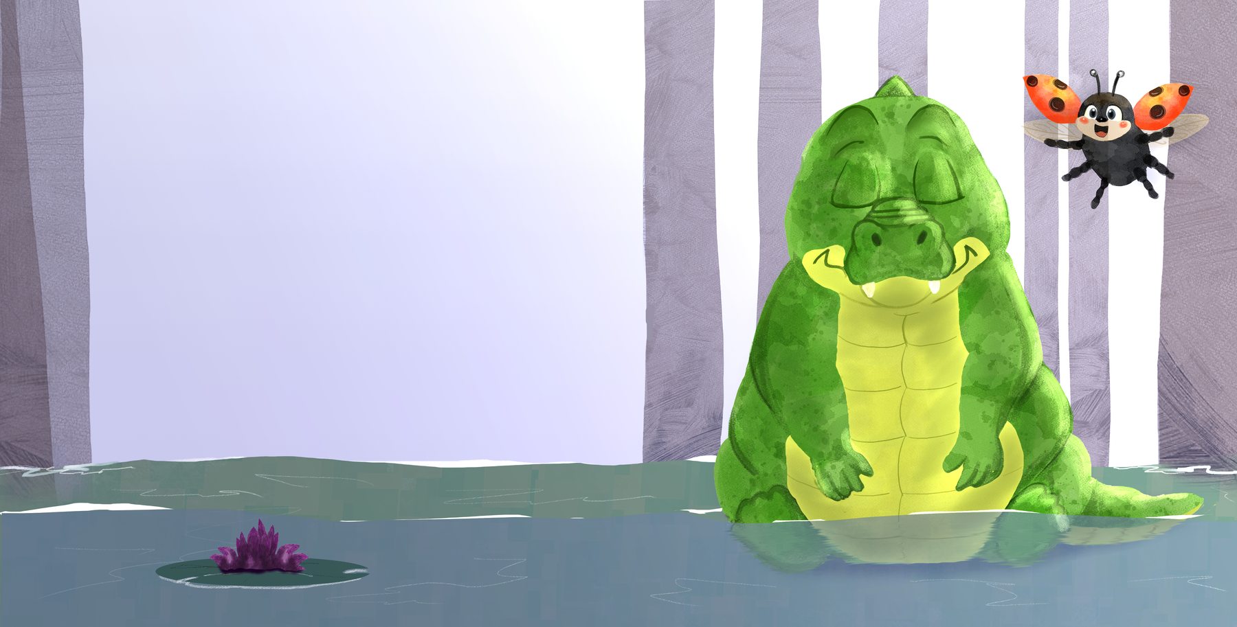 Couverture : un crocodile souriant, les yeux fermés, une coccinelle voletant tout près de lui