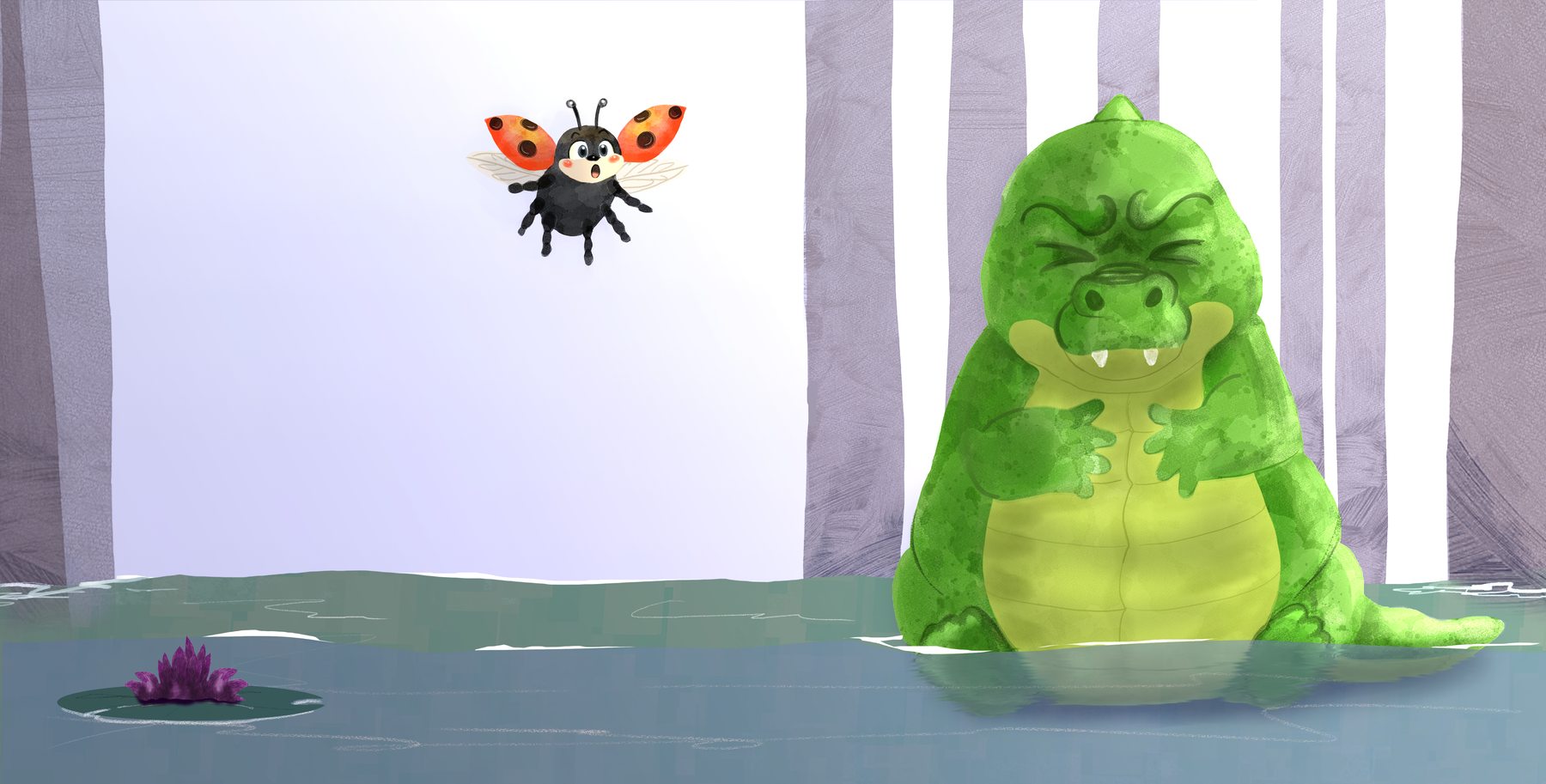 Le crocodile détendu, bras croisés, la coccinelle Capucine posée sur lui