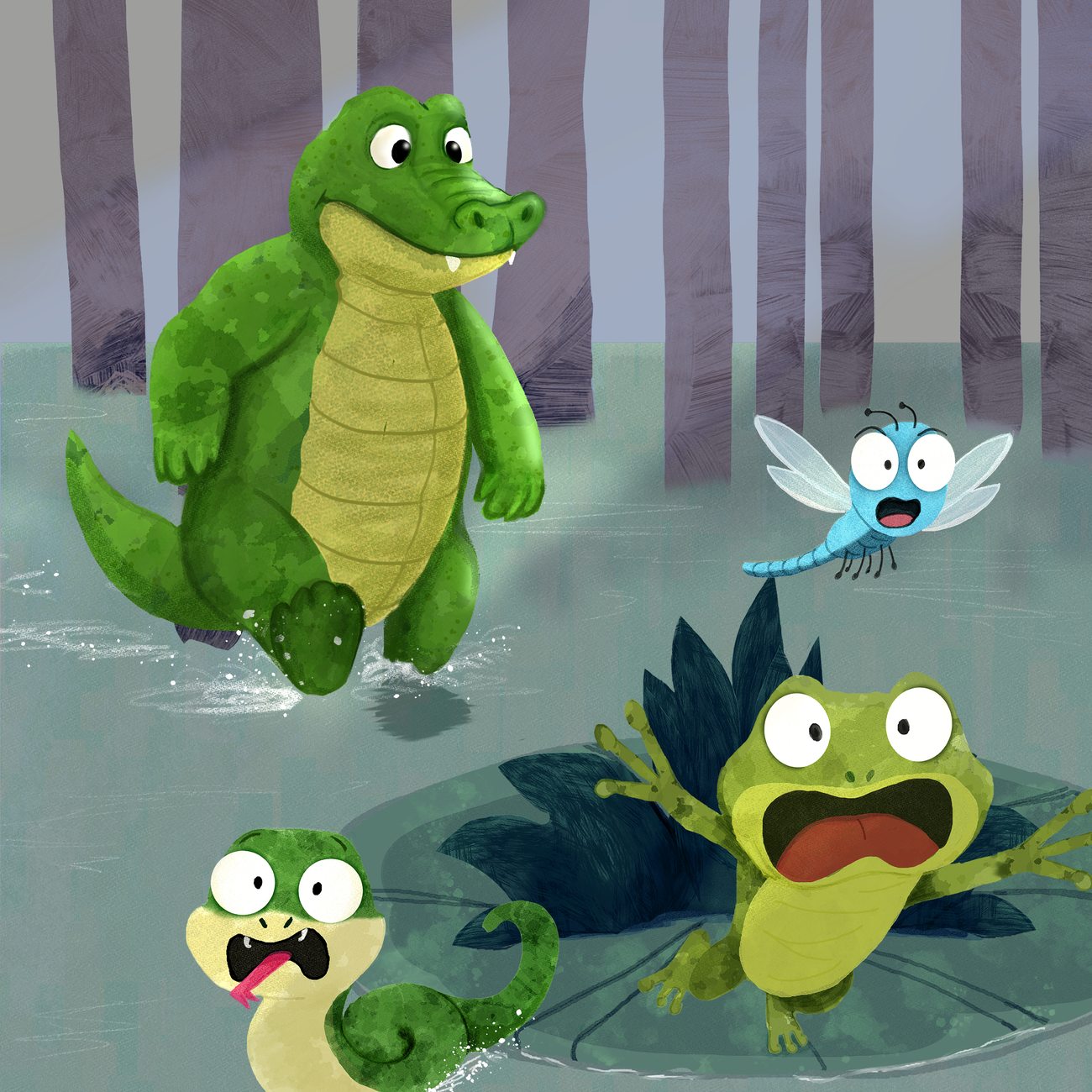 Une grenouille effrayée sur un nénuphar, un serpent qui tire la langue et le crocodile qui bondit, sous le regard d'une libellule surprise