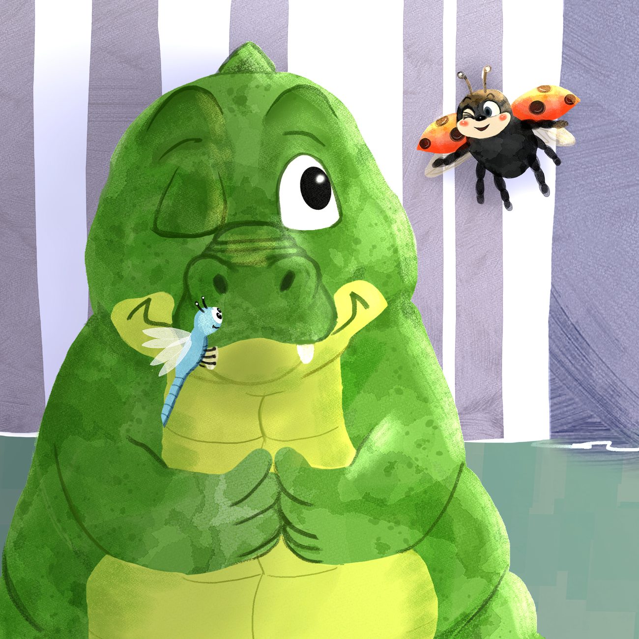 Le crocodile fait un clin d'œil, la coccinelle et une petite libellule tout près de lui