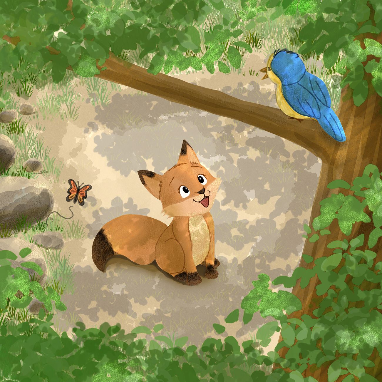 Couverture : Foxy le renard, curieux, observe un oiseau et un papillon