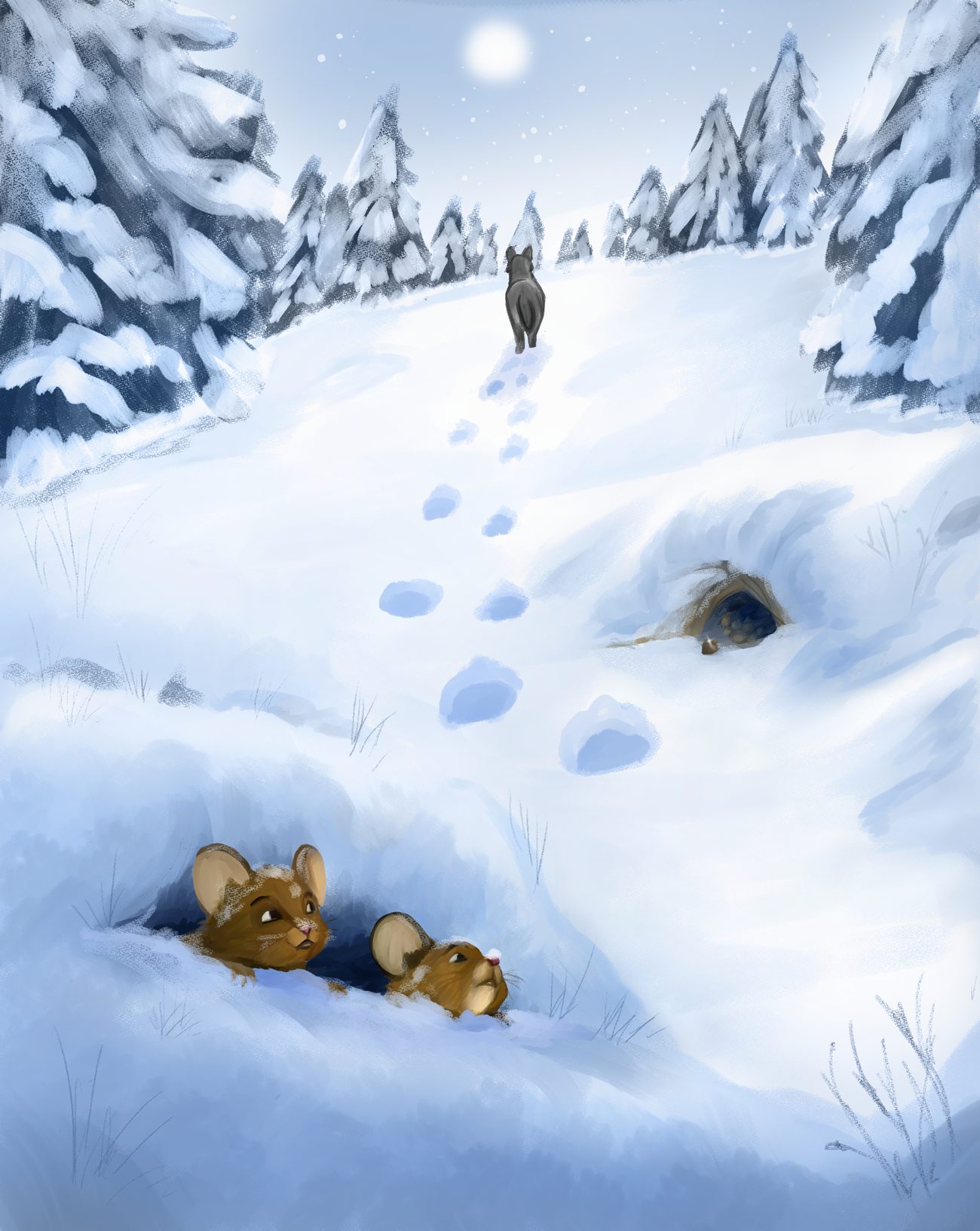 Un loup qui s'éloigne dans la neige, observé par deux souris depuis leur terrier