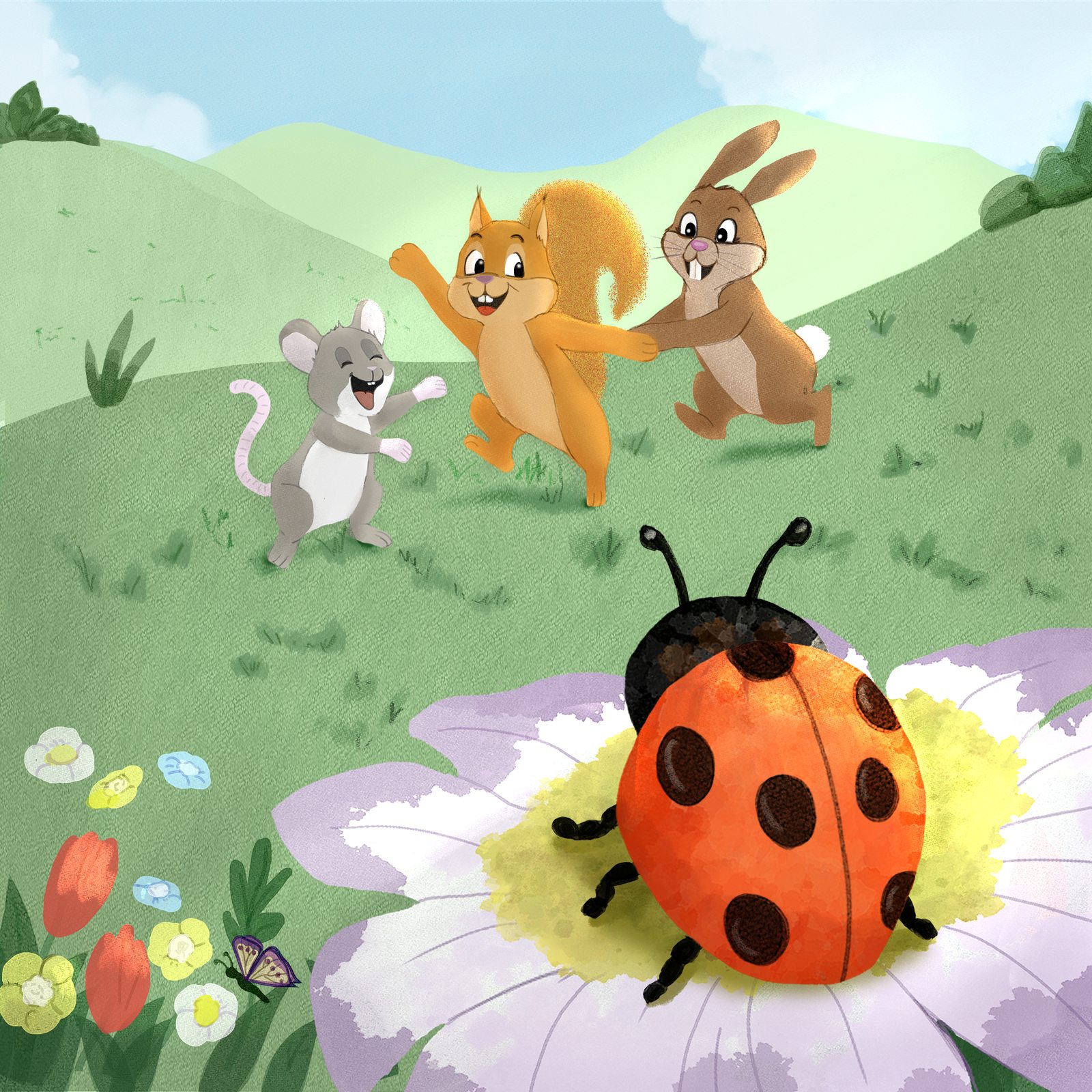 Double page : Nathalie, l'écureuil et le mulot dansent ensemble dans la prairie, la coccinelle Capucine au premier plan